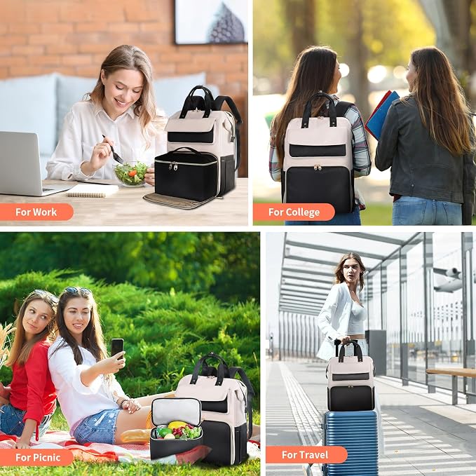 BERTASCHE Lunch Backpack for Women, 15.6 Inch Laptop Backpack with Insulated Cooler Lunch box, Work Backpack for Teacher Nurse Travel College Picnic, Black-Beige