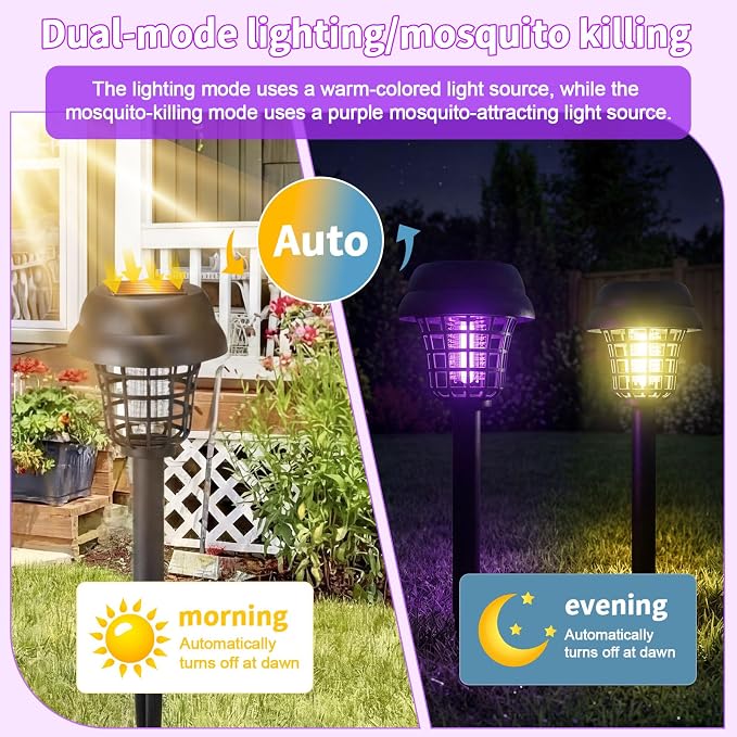 4 Pcs Solar Bug Zapper Outdoor Waterproof Mosquito Repellent Light Solar Power Fly Killer Lamps for Moths, Gnats, Fly, Small Flying Insect Backyard Garden Lawn (Plastic,Purple & Warm Light)