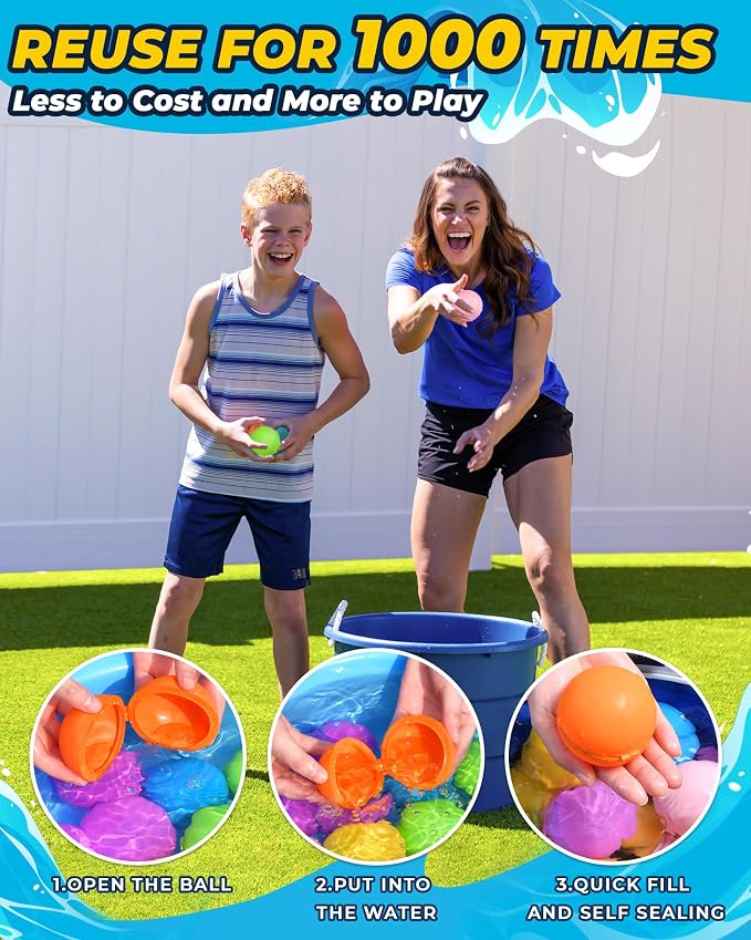 Reusable Water Balloons：16 Pack Refillable Water Bomb Splash Balls Self Sealing Quick Fill - Latex-Free Silicone Water Toys for Kids Adults - Water Games Outside Beach Pool Party
