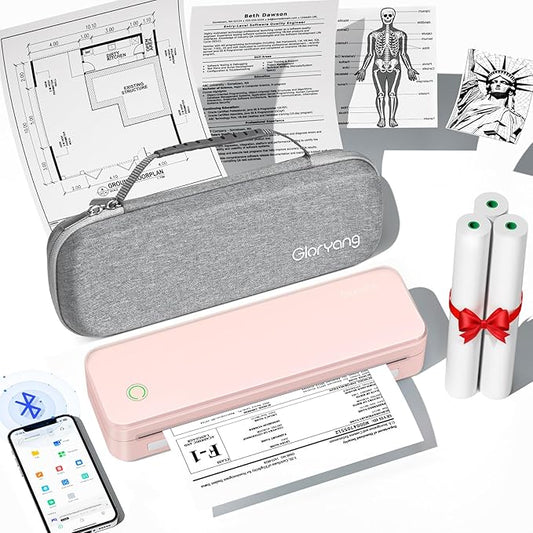 Gloryang Inkless Portable Printer for Travel, Wireless Thermal Printer Supports 8.5 x 11 Inch US Letter Size, Bluetooth Machine Includes Carry Case and 3 Rolls of Thermal Paper Kit, Pink