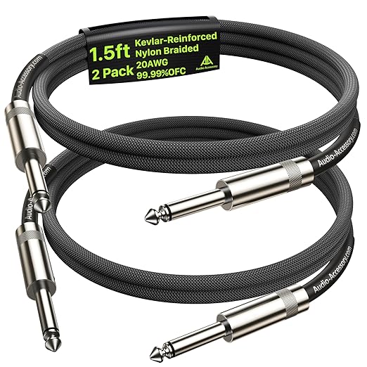 AA AUDIO ACCESSORY Guitar Cable 1.5ft 2 Pack, Nylon Braided Anti-Kinking Kevlar-Reinforced, 20AWG 99.99% OFC, Heat-Shrink Protected 1/4 Instrument Cable, Shielded Amp Cord for Fender Electric Guitar
