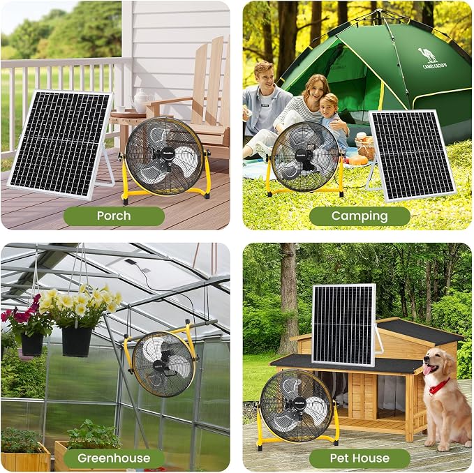18" Solar Rechargeable Floor Fan, 35W Solar Powered Battery Operated Fans for Outdoor Garden Greenhouse Barn Stable Camping Garage Air Circulation Cooling