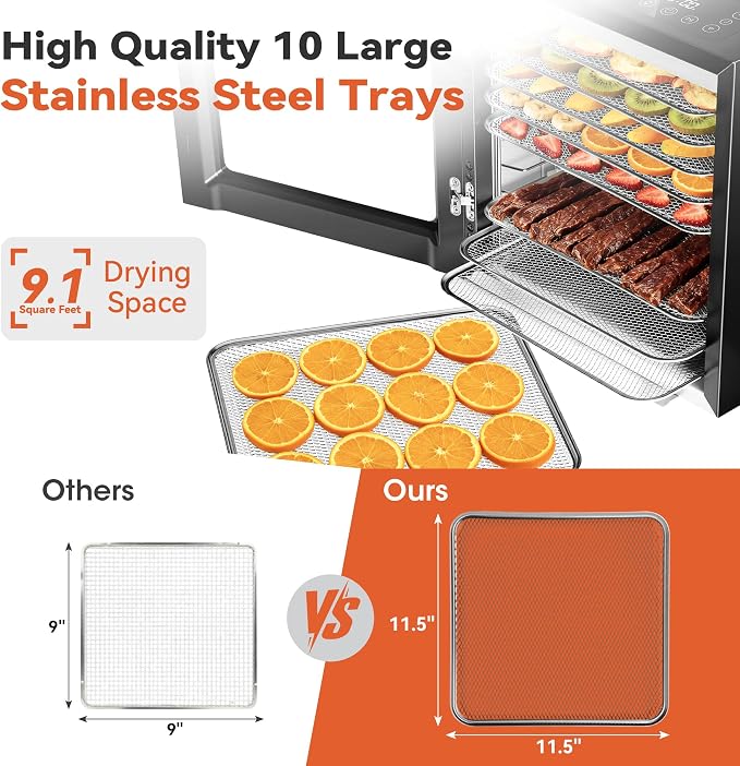 Manastin Food Dehydrator Machine 10 Stainless Steel Trays, 850W Dryer for Meat Jerky, Fruit, Herbs, Yogurt & Dog Treats, 95-167℉ Dehydrated Dryer, 48H Timer, 10 Presets, Overheating Protection, Black