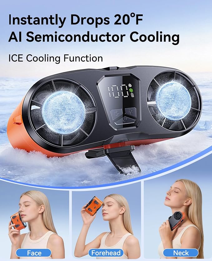 KIMMOO Dual-Motor Rechargeable Waist Fan with Ice Cooling, 25000 RPM High-Speed Neck Belt Clip-on Fan with 10 Gears, LED Display & Flashlight, Hands-Free Personal Fan for Work Outdoor Travel, Orange