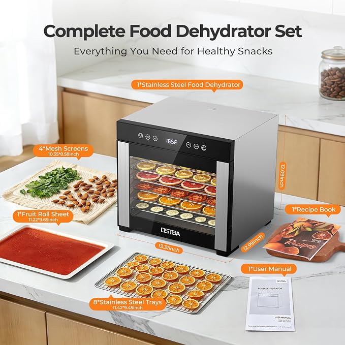OSTBA Food Dehydrator, 8 Stainless Steel Trays, 95–165℉ Adjustable Temperature, 48h Digital Timer, Double-Layer Food Dryer for Fruit, Vegetable, Jerky, Herb, 650W Home & Commercial Use