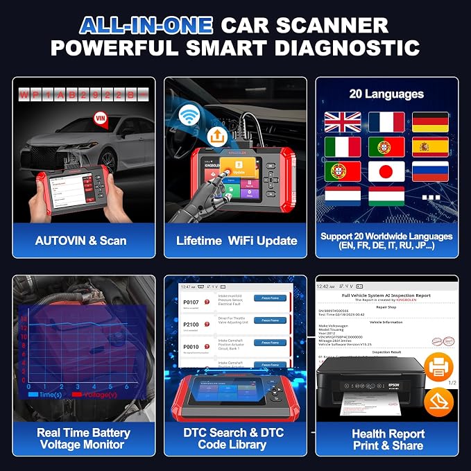 KINGBOLEN OBD2 Scanner S800 Car Scanner, OBD2 Diagnostic Scan Tool with 15 Reset, Oil Brake Throttle Service, Engine ABS SRS Transmission Code Reader, Battery Test, AutoVIN, Lifetime No Charge Update