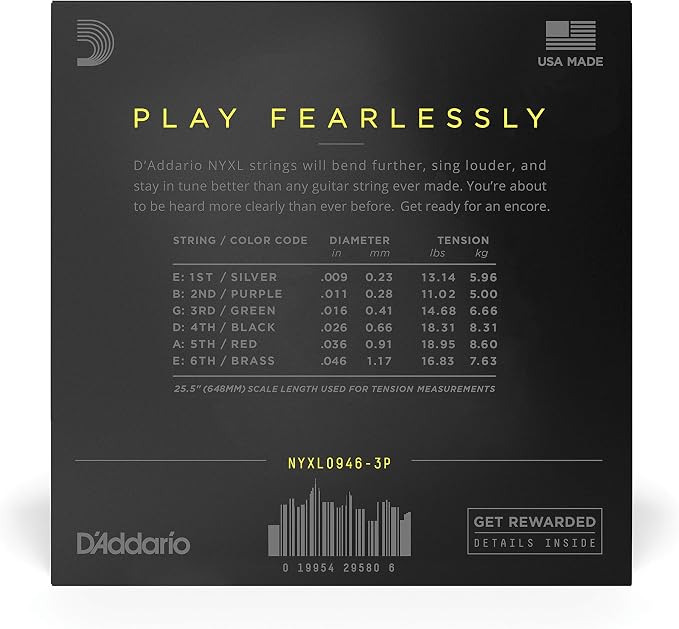 D'Addario Electric Guitar Strings, NYXL Nickel Plated, NYXL0946-3P, Super Light Top/Regular Bottom Gauge 09-46, 6-String Set, Pack of 3