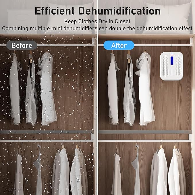 Rechargeable Small Dehumidifier for Bathroom, Detachable Hanging Dehumidifier for Bedroom, Gun Safe, Closet, Portable Moisture Absorbers with Dual-Sided Suction, Visual Color Indicator Window
