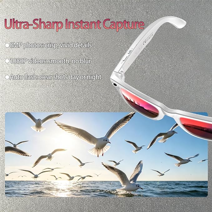 AI Smart Glasses with Camera 8MP HD Camera Glasses for Men Women 1080P Video Recording Sunglasses Real-time Translation, Open-Ear Audio for Travel, Meetings & Vlogging