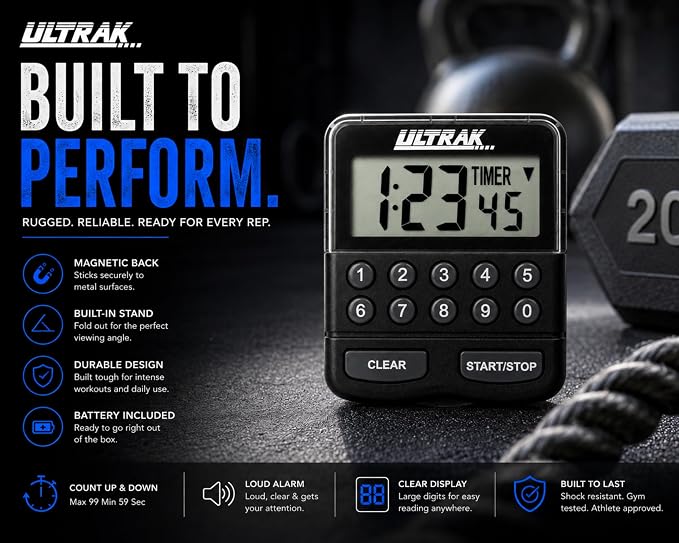 ULTRAK T-3 Digital Countdown Timer with Keypad – Count Up & Count Down Timer, Loud Alarm, Large Display, Magnetic Back, Ideal for Classroom, Fitness, Cooking & Study