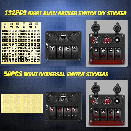 Nilight 4Gang Rocker Switch Panel with USB Charger Voltmeter and Cigar Lighter 12V 24V Toggle ON Off Red Night Glow Stickers for Cars Rvs Trucks