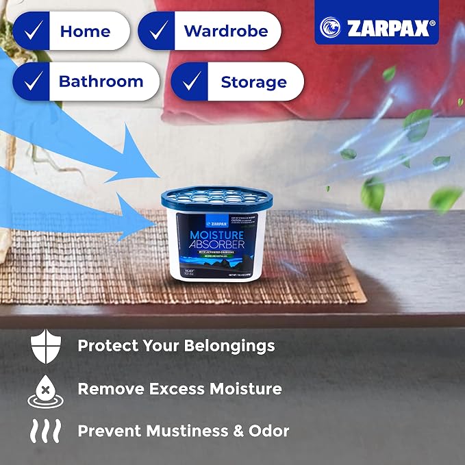 ZARPAX Moisture Absorber Activated Charcoal 10.5 oz/300g | Removes Moisture, Damp, Humidity & Odors | Odor Absorber | Moisture Trap for Bathroom, Closet, Kitchen & Small Spaces | Set of 6