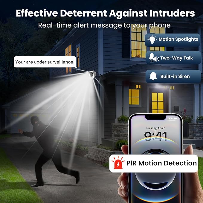 2K Security Cameras Wireless Outdoor, Free Cloud Storage, Integrated Spotlight & Siren, AI Motion Detection, 2-Way Audio, 1-6 Months Battery Life, Cameras for Home Security Support 5GHz WiFi, IP66