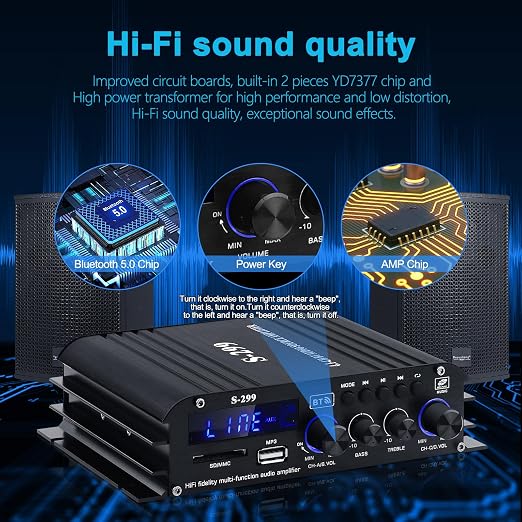 Audio Power Amplifier for Home Speakers -S-299 Bluetooth 5.0 Power Amp 4.1 Channel RMS 40Wx4 Subwoofer AMP DC 12V/5A Mini Integrated Digital Amplifier with USB/SD & AUX Jack