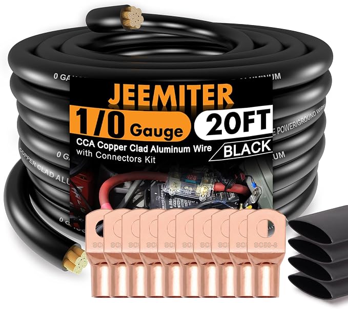 Jeemiter 1/0 Gauge Wire CCA Copper Clad Aluminum (20FT Black) - Battery Cable,Power/Ground Cable with Lug Terminal Connectors & 3:1Heat Shrink Tubing for Car Amplifier,Big 3 Upgrade,Auto