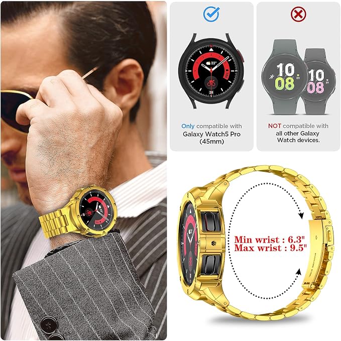 SUPLINK Stainless Steel Case and Bands Compatible Samsung Watch 5 Pro Band 45mm, Adjustable Solid Metal Protective Rugged Case Strap for Galaxy Watch 5 pro Men Business, Gold