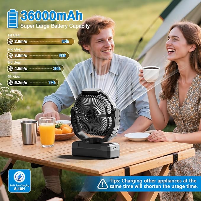 FRIZCOL 3-in-1 Camping Fan - Portable Fans Rechargeable - 36000mAh Battery Powered Fan with Light & Remote for Indoor, Outdoor, Tent, Travel, Fishing, Jobsite, Gifts for Men Dad Him - Black