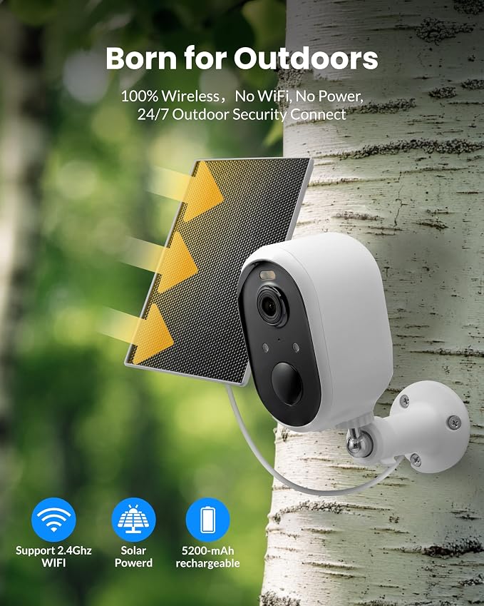 Aurumbach Solar Security Camera Outdoor Wireless 2 Pack, 2K Color Night Vision, Battery Powered PIR Motion Detection,2.4GHz WiFi Cameras for Home Surveillance, Light and Sound Alarm, 2-Way Audio