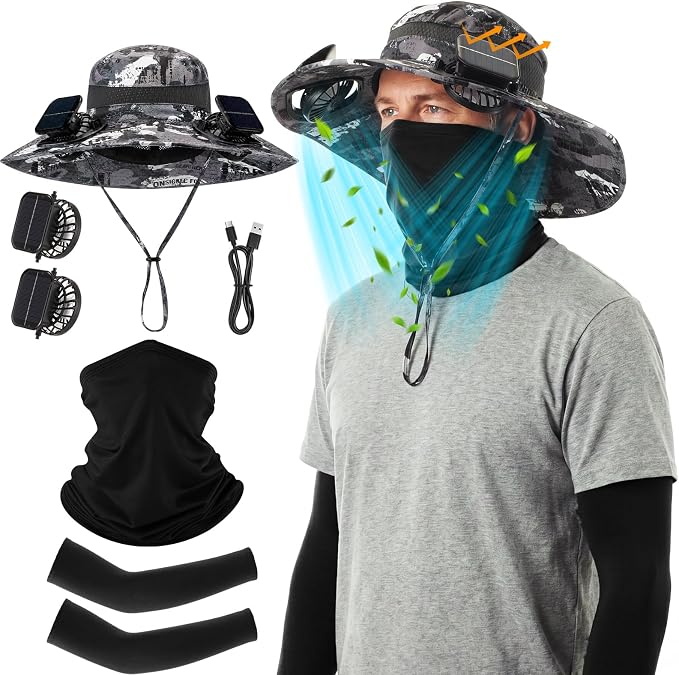 Syhood Solar Powered Fan Hat Neck Gaiter Arm Sleeves Sun Bucket Hat with Fan Cooling Wide Brim Hats for Fishing Hiking