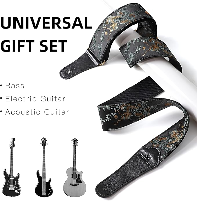 Guitar Strap, Electric& Acoustic Bass Guitar Straps,Embroidered Filament with Head Cowhide Leather Strap, with Free Strap Button,2 Guitar Strap Locks，4Guitar Pick (Golden Dragon)