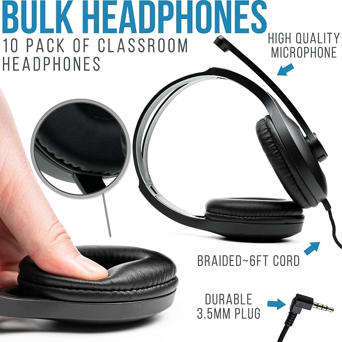 Barks Classroom Headphones with Microphone Bulk 10 Pack (Black, 3.5mm) | Durable Everyday Student Use, Headsets with Mic, Adjustable Fit All-Day Comfort, Clear Voice, Easy Clean, K-12 School Testing