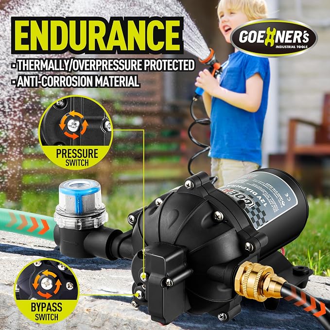 Upgraded Fresh Water Pump, 12V DC - 6.5GPM 70PSI Five Chamber Self-Priming Diaphragm Pump with Heavy Duty Pressure Switch and Strainer for RV, Marine, Yacht, Caravan