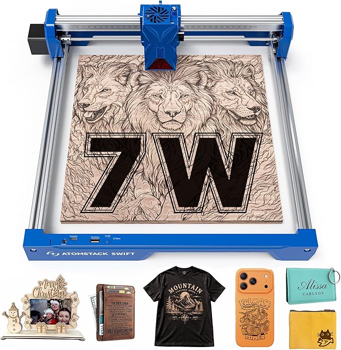 ATOMSTACK Swift 7W Laser Engraver and Cutter, 0.06mm High Accuracy Laser Engraving Machine for Wood and Metal, Dark Acrylic, Glass & Leather, DIY Laser Cutter with Eye Protection(Blue)