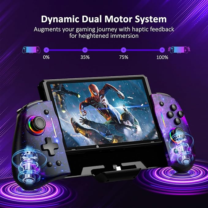 NexiGo Hall Effect Gripcon (No Drift, No Deadzone) with Hall Sensing Joystick for Switch/Switch OLED, Adjustable RGB Light, 6-Axis Gyro, Turbo, Mapping (Cosmic Nebula)