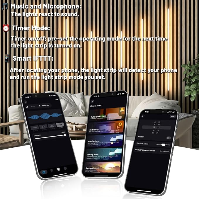 Lichaser 6 Pcs Smart Recessed Lighting for Acoustic Wall Panels, WiFi Warm White LED Strip Lights Compatible with Alexa, Self-Adhesive Black Aluminum LED for Wood Slat Wall Panels (2*16+2*24+2*36 in)