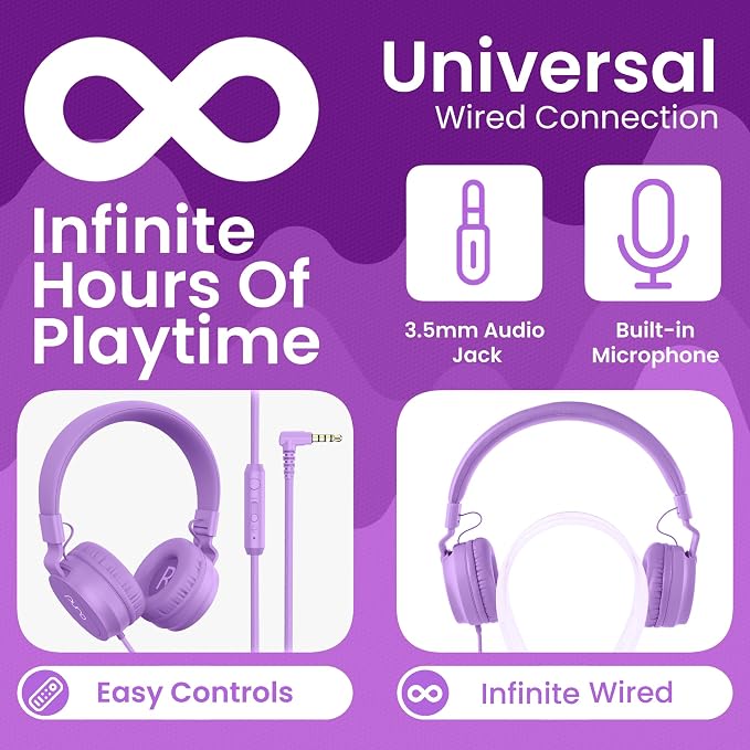 Puro Sound Labs Kids Wired Headphones – Volume-Limiting & Adjustable, Safe & Comfortable Headphones for Kids – Compatible with PCs, Smartphones & Tablets, Ideal for School & Travel – PuroBasic, Purple