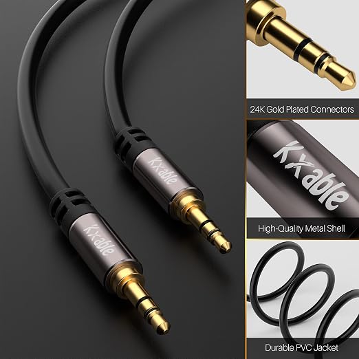 Kxable 3.5mm Aux Cable 100 Feet, Long Male to Male Auxiliary Audio Cord, Preminun Gold Plated Compatible with Headphones, iPods, iPads, iPhones, Home/Car Stereos with 5 Cable Ties