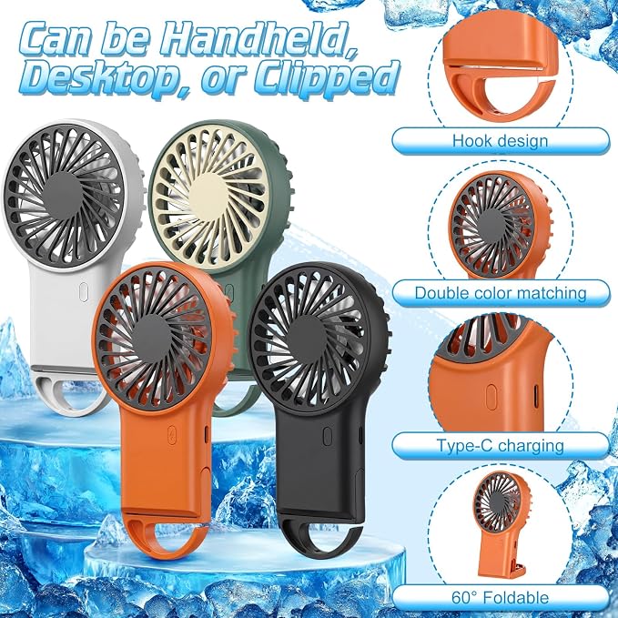 VIHOSE 8 Pcs Portable Hanging Fan, 3 Speeds Personal Rechargeable Desk Hand Held Small Fan with D Metal Hook for Cooling Small Personal Hands Outdoor Travel (White,Orange,Dark Green,Black)