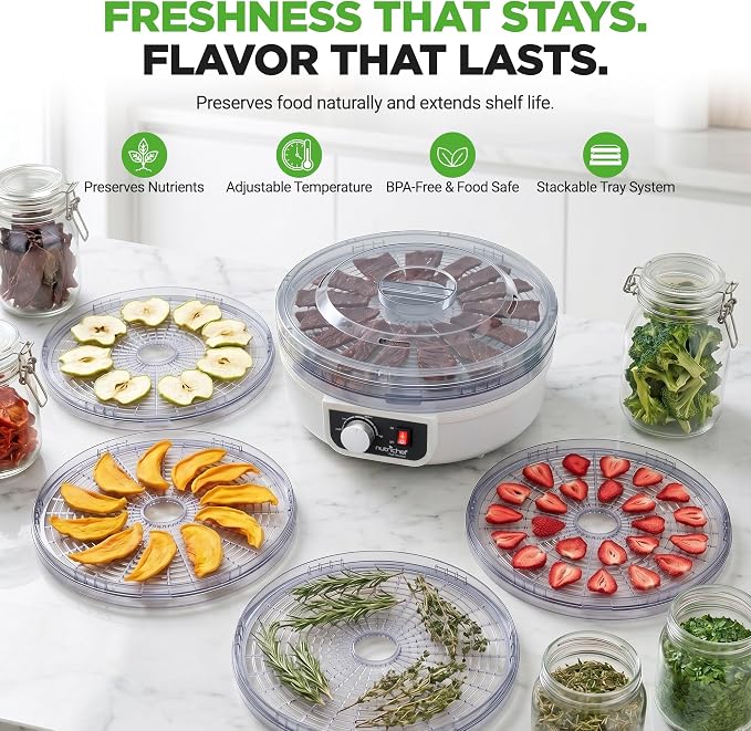 NutriChef Electric Countertop Food Dehydrator - Multi-Tier High-Heat Circulation Professional Food Preserver, Fruit, Vegetable Dryer, Meat or Beef Jerky Maker w/ 5 Stackable Trays - AZPKFD12