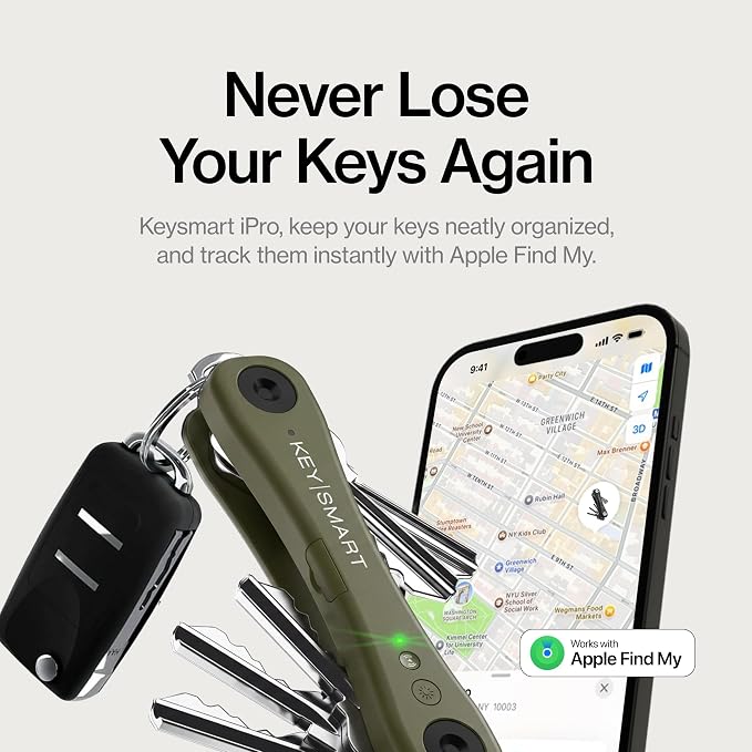 KeySmart iPro - Key Finder Locator with Sound, Keychain Key Holder, Apple Find My App Compatible, Key Organizer, Compact Clutter-Free Key Chain Tracker, Rechargeable Battery (Up to 14 Keys, Green)