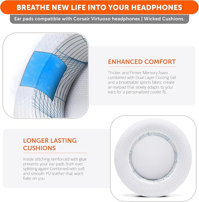 WC Freeze Virtuoso - Hybrid Fabric Cooling Gel Replacement Earpads for Corsair Virtuoso Gaming Headset, Made by Wicked Cushions, Improved Durability, Thickness and Sound Isolation | Ivory Tide