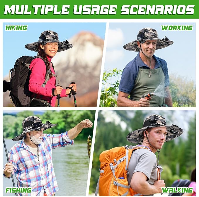 Berlune Sun Hat with 2 Solar Fan Wide Brim Fishing Bucket Hat USB & Solar for Men Women UPF 50+ Cooling for Fishing Beach