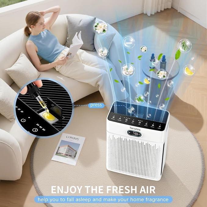 Air Purifiers for Home, PM 2.5 Air Quality Monitor Cover Up to 2200 Ft² with Pet mode, Timer, H13 HEPA Air Purifier with Washable Pre-filter, Fragrance Sponge for Smoke, Odor, Dander(Black)