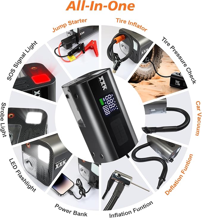 Tire Inflator Portable Air Compressor,2000A Battery Car Jump Starter, Auto Shut-Off,160PSI Air Pump with Tire Gauge Pressure&LED Light,15000PA Vacuum with Suction &Blow, for Cars, Motorcycles, Balls