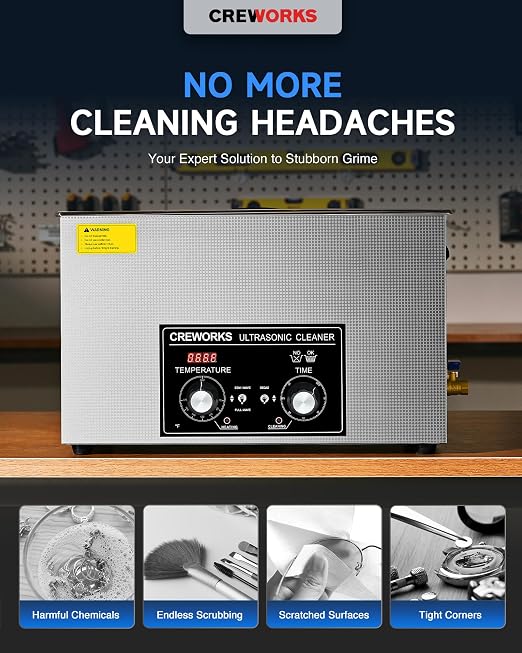 CREWORKS 30L Ultrasonic Cleaner with Heater and Timer, 600W Stainless Steel Ultrasonic Cleaner Machine with Degas & Gentle Modes, Ultrasonic Parts Cleaner with Knob Control for Machine Part Auto Tool