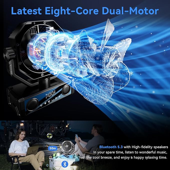Portable fan rechargeable with 5.3 Bluetooth Speaker, 25000mAh Camping Fan with 5 Speed Touch Control & 3-Mode LED Light, Remote, USB/Type-C Ports, 1-8H Timer for Party, Travel, BBQ, Indoor, Outages