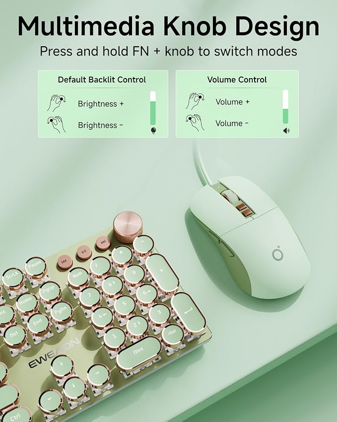 SEUNKWANG Wired Typewriter Keyboard and Mouse Combo, Retro Mechanical Keyboard with Multimedia Knob, White Backlit, Metal Panel, Low Noise Pink Switch Keyboard Mouse Set for PC Laptop - Green