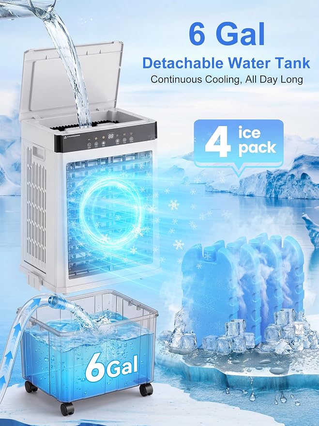 Uthfy 3000CFM Swamp Cooler for Large Room, 31"Evaporative Air Cooler with 6Gal Detachable Water Tank, 3-Sided Cooling Pad, 120°Oscillation, 4 Mode, 12H Timer, Portable Air Conditioner for Room, Garage