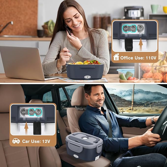 Vabaso Electric Lunch Box for Adults, 80W Heated Lunch Box with Dual 1.5L Stainless Steel Containers, Portable Food Warmer for Men Work Car Truck, 12V/24V/110V/220V - Eternal Gray