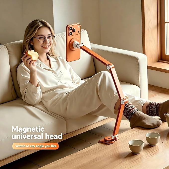 Magnetic Cell Phone Stand for Desk,360°Rotation Aluminum Tablet Holder,Hight Adjustable Foldable Phone Holder for 4-12.9" Devices Compatible with MagSafe/iPhone/Android/iPad (Orange)