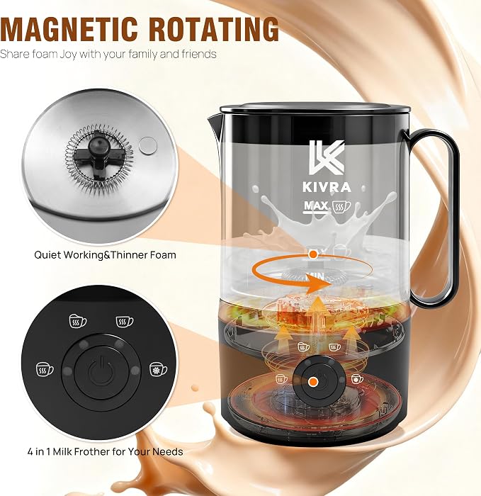 KIVRA Milk Frother and Steamer 350ml | 4 Mode cold foam maker for Hot and Cold Drinks | Durable Non Stick Milk Frother for Coffee Lovers – Includes 1x Whisk, Measuring Cup, String Bag & Brush