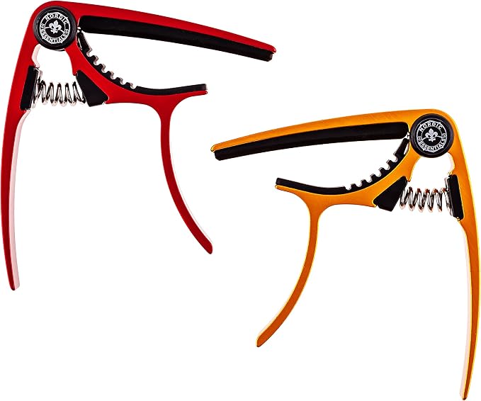 Guitar Capo (2 Pack) for Acoustic Guitars, Ukulele, Banjo, Mandolin, Bass - Made of Ultra Lightweight Aluminum Metal (1.2 oz!) for 6 & 12 String Instruments - Nordic Essentials (Red + Gold)