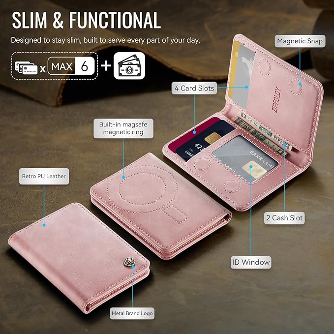 Slim PU Leather RFID Magnetic Wallet for Men and Women, Minimalist Magnet Card Holder Phone Wallet Compatible with Magsafe for Apple iPhone 17 16 15 14 13 12 Series, Retro Pink
