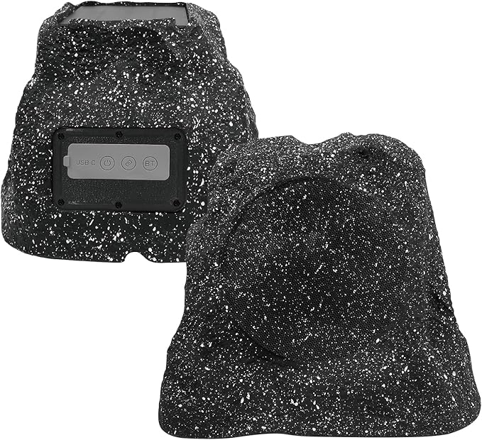 Herdio 8" Rock Bluetooth Speakers Outdoor Waterproof IPX7 Wireless Solar Max 240 Watt, TWS Connection Powered with Rechargeable Battery for Garden Patio Deck Pool Backyard（Black，1Pair）