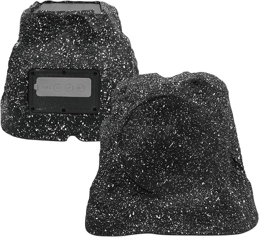 Herdio 8" Rock Bluetooth Speakers Outdoor Waterproof IPX7 Wireless Solar Max 240 Watt, TWS Connection Powered with Rechargeable Battery for Garden Patio Deck Pool Backyard（Black，1Pair）
