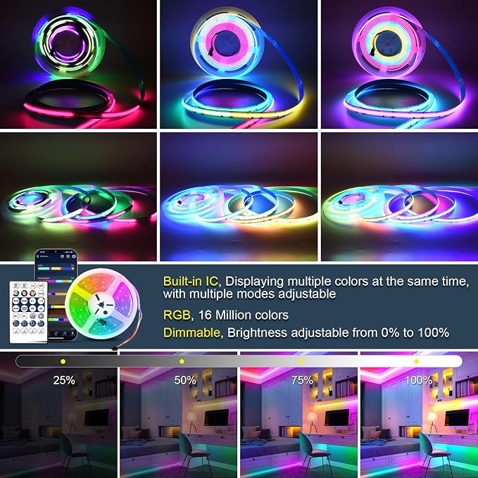 COB LED Strip Light with RGB Smart IC, 2 Rolls of 16.4ft, 12mm Width Flexible Tape Lights with WiFi App Control, 24V Color Chasing Addressable 7200 LEDs COB Light Strip for Bedroom Kitchen Wall Decor